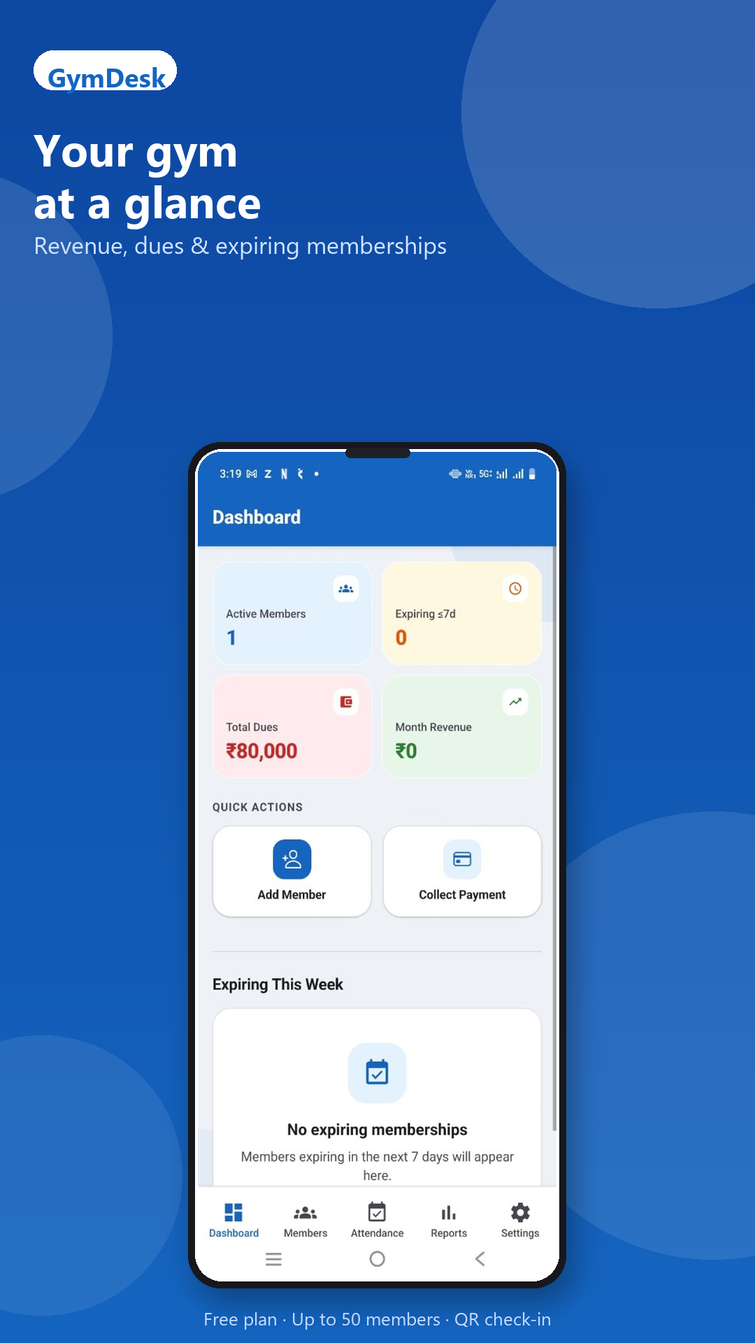 GymDesk dashboard — revenue, dues and expiring memberships