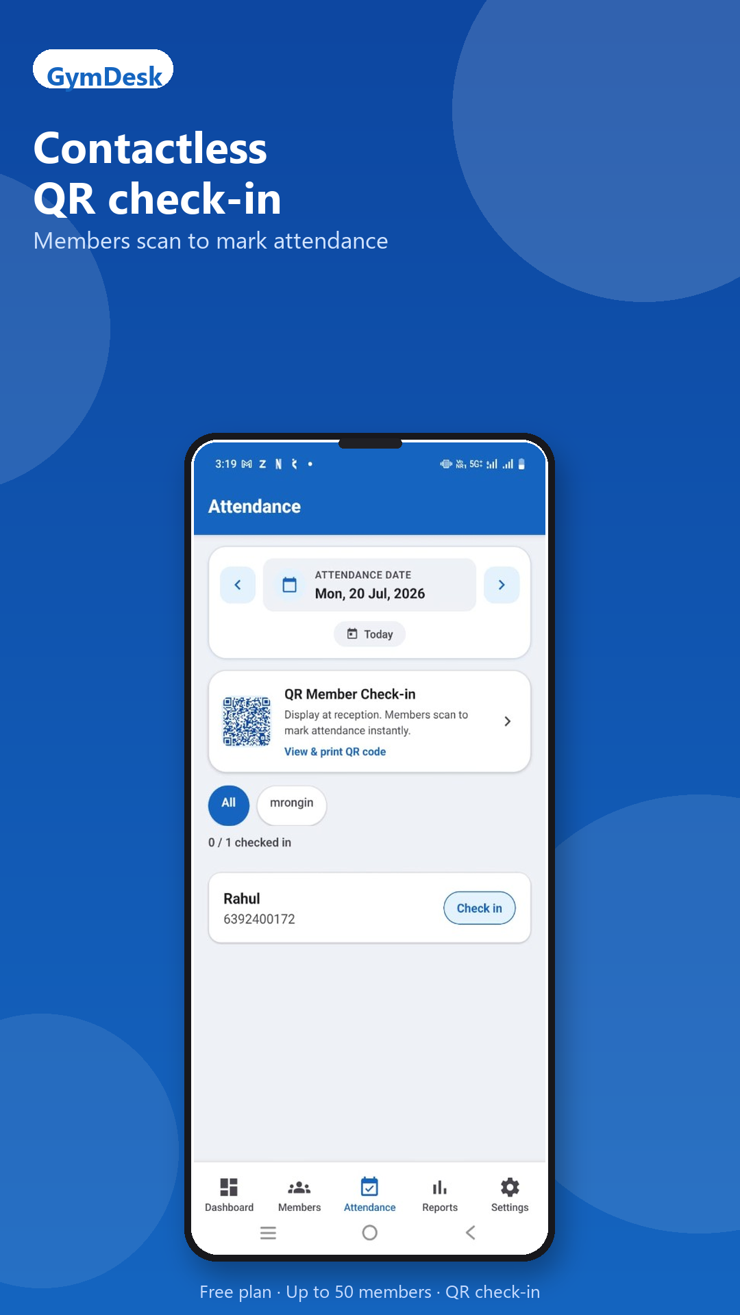 GymDesk attendance and QR check-in